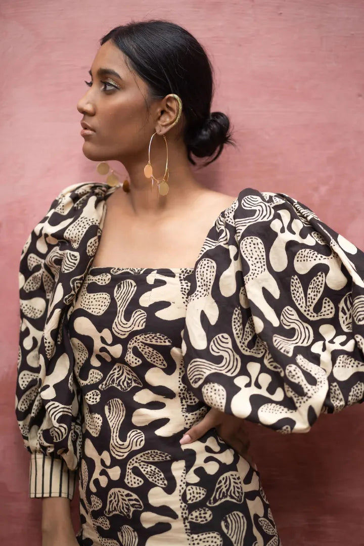 Ilamra kalamkari craft hand block printed organic cotton black and beige dress