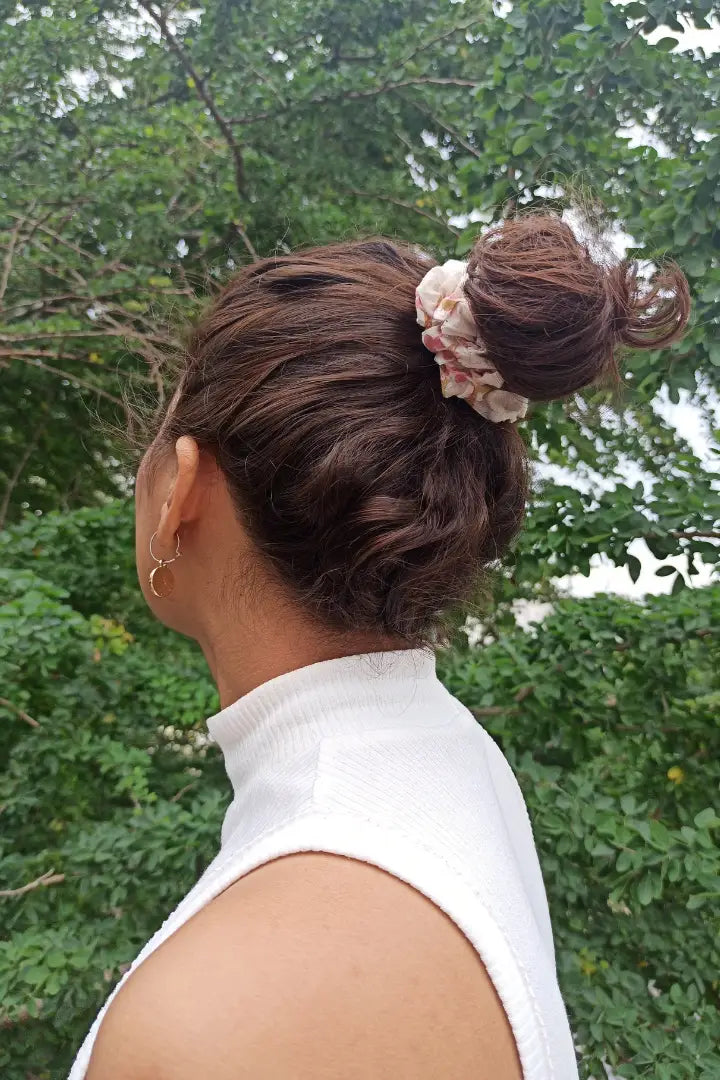 Ilamra hand block printed sustainably made naturally dyed Off-white, blush pink and light green scrunchie