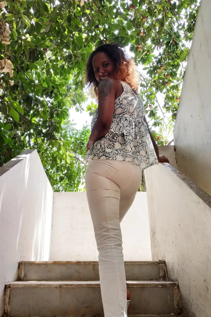 Ilamra sustainable clothing organic cotton Indigo, off-white, hints of fresh green and madder red hand block printed frilly top