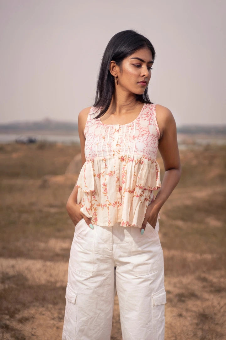 Ilamra kalamkari craft hand block printed organic cotton Blush pink, off-white and hints of madder red top