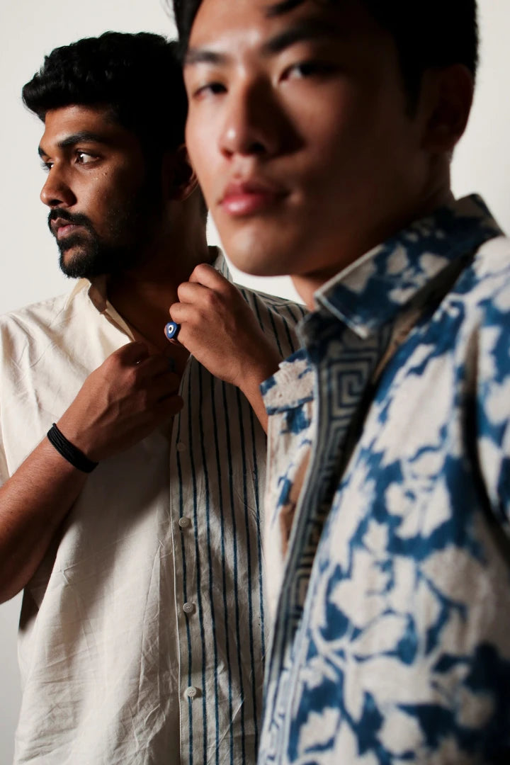 ilamra men's hand block printed naturally dyed organic cotton indigo and white shirt