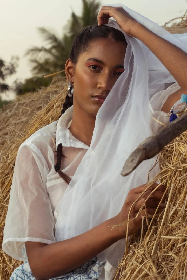 Ilamra kalamkari craft hand block printed organic cotton Indigo dye and white organza saree