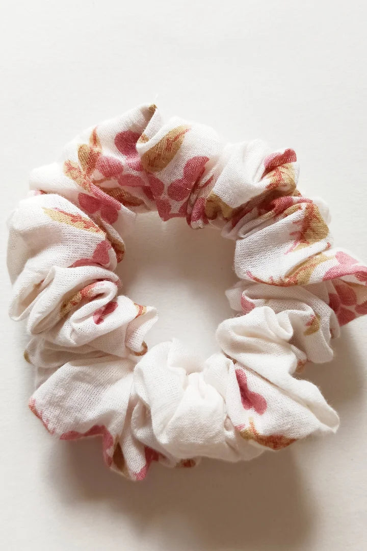 Ilamra hand block printed sustainably made naturally dyed Off-white, blush pink and light green scrunchie