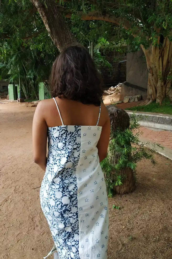 Ilamra sustainable clothing organic cotton Indigo and Off-white hand block printed half and half elegant dress
