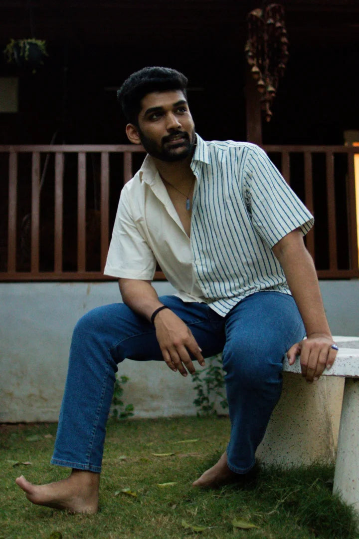ilamra men's hand block printed naturally dyed organic cotton indigo and white shirt