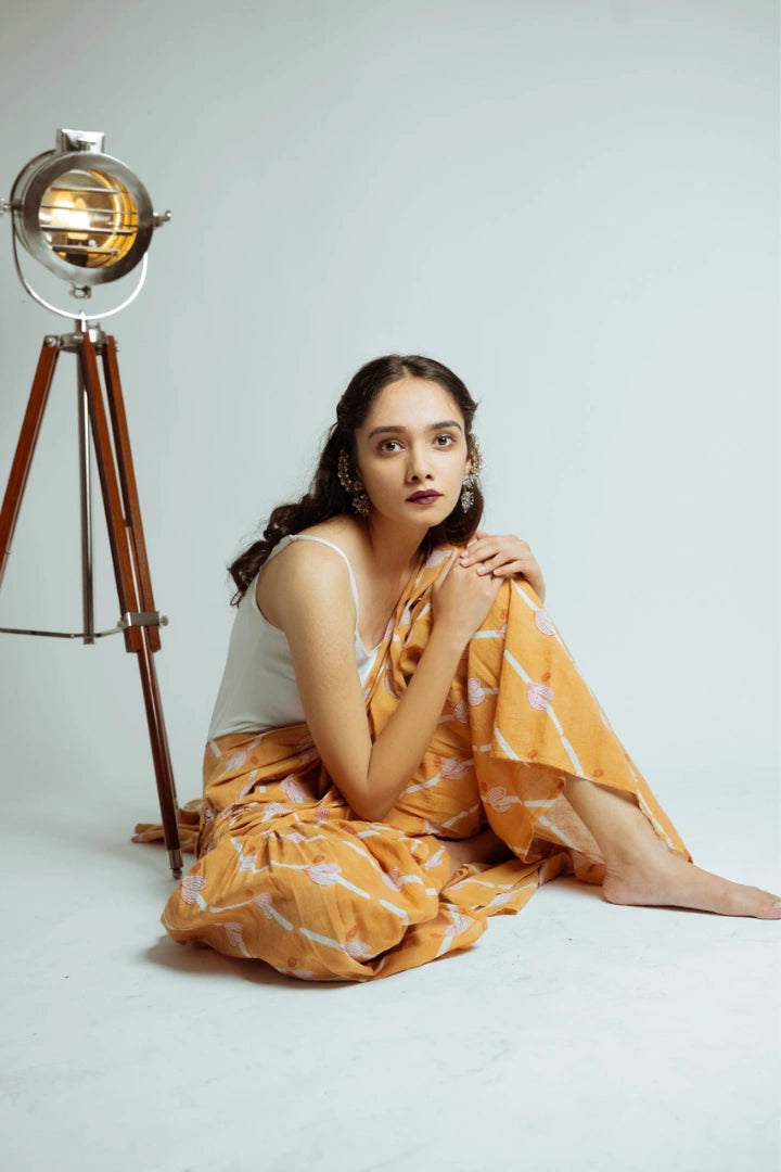 Ilamra hand block printed sustainably made naturally dyed Orange, Madder Red, and Off-White saree pants