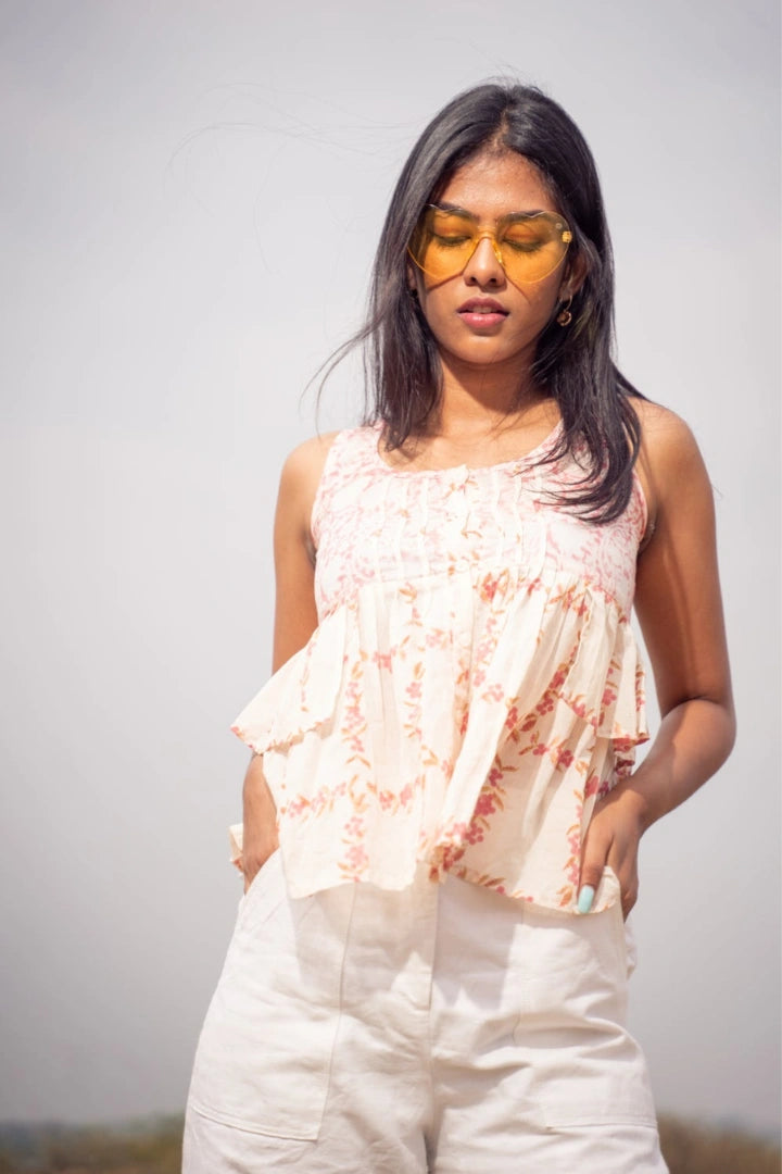 Ilamra kalamkari craft hand block printed organic cotton Blush pink, off-white and hints of madder red top