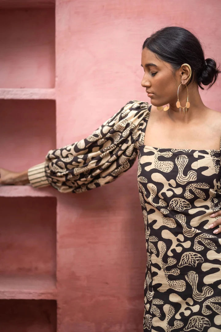 Ilamra kalamkari craft hand block printed organic cotton black and beige dress