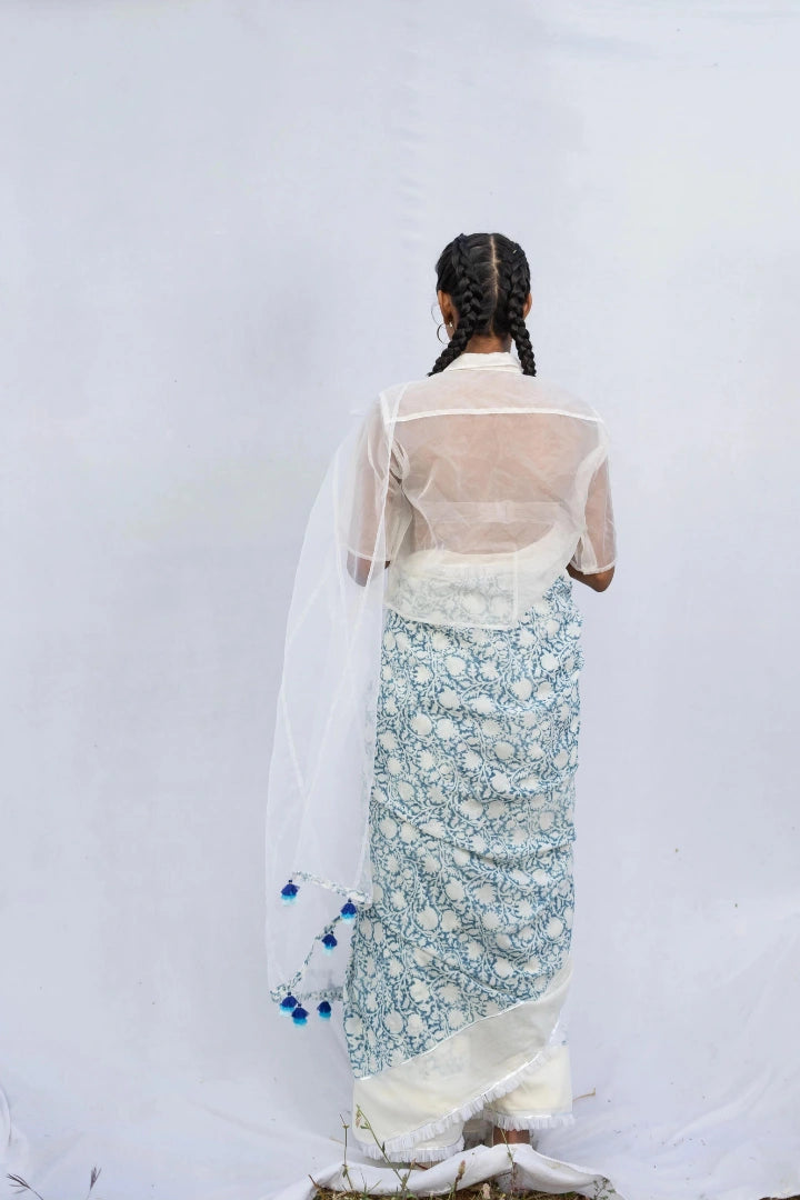 Ilamra kalamkari craft hand block printed organic cotton Indigo dye and white organza saree