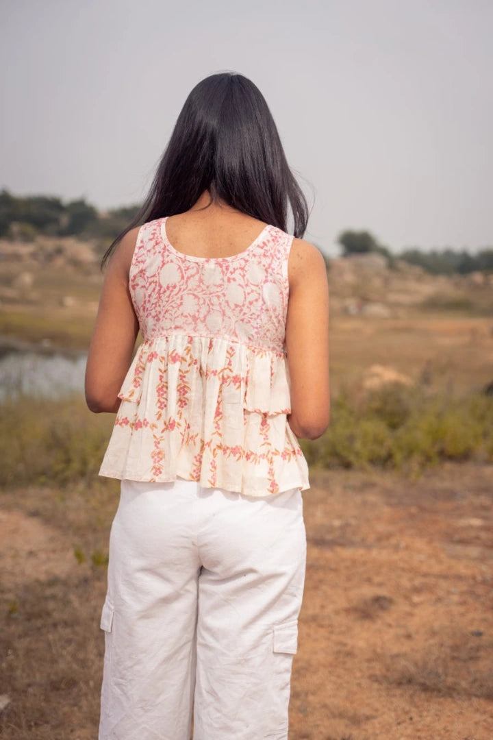 Ilamra kalamkari craft hand block printed organic cotton Blush pink, off-white and hints of madder red top
