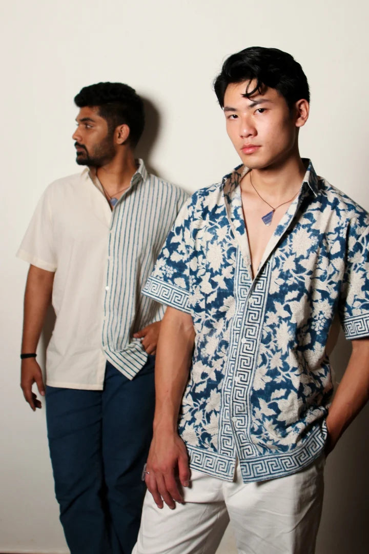 ilamra men's hand block printed naturally dyed organic cotton indigo and white shirt