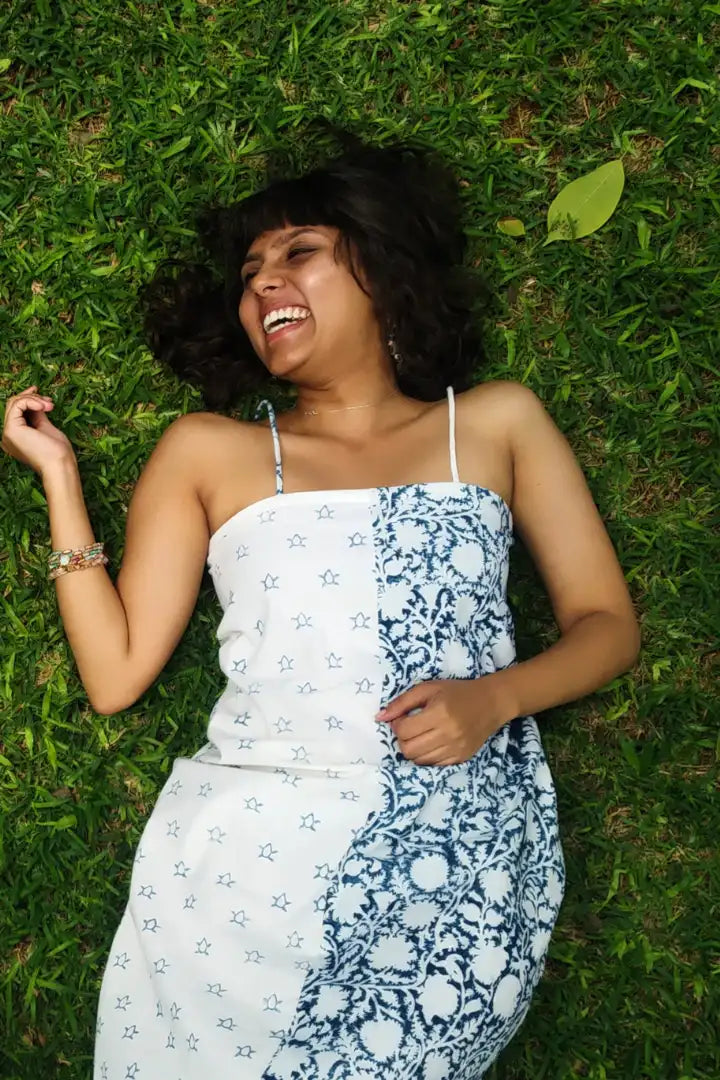 Ilamra sustainable clothing organic cotton Indigo and Off-white hand block printed half and half elegant dress