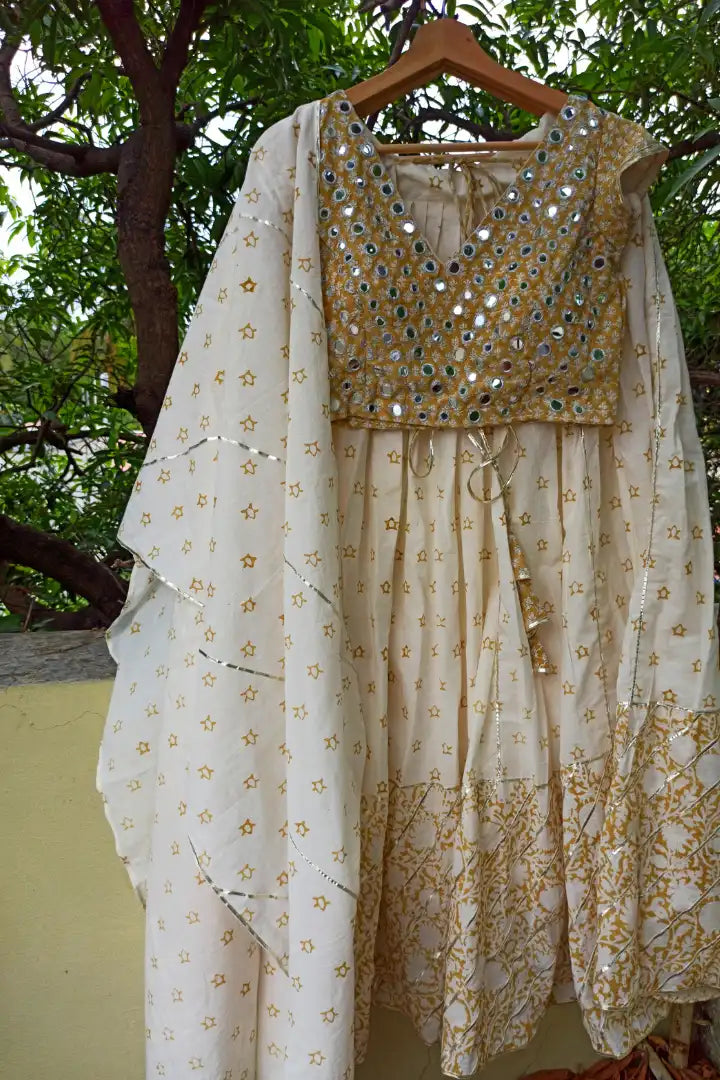 Ilamra sustainable clothing organic cotton Off-white, Warm yellow hand block printed blouse, dupatta and lehenga set
