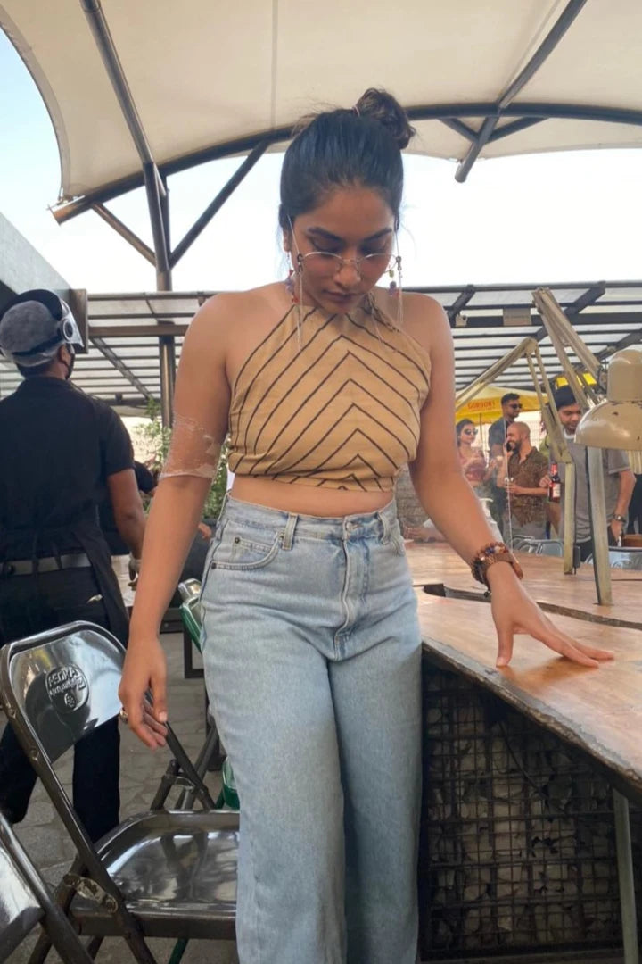 Ilamra sustainable clothing organic cotton black and beige hand block printed halter top