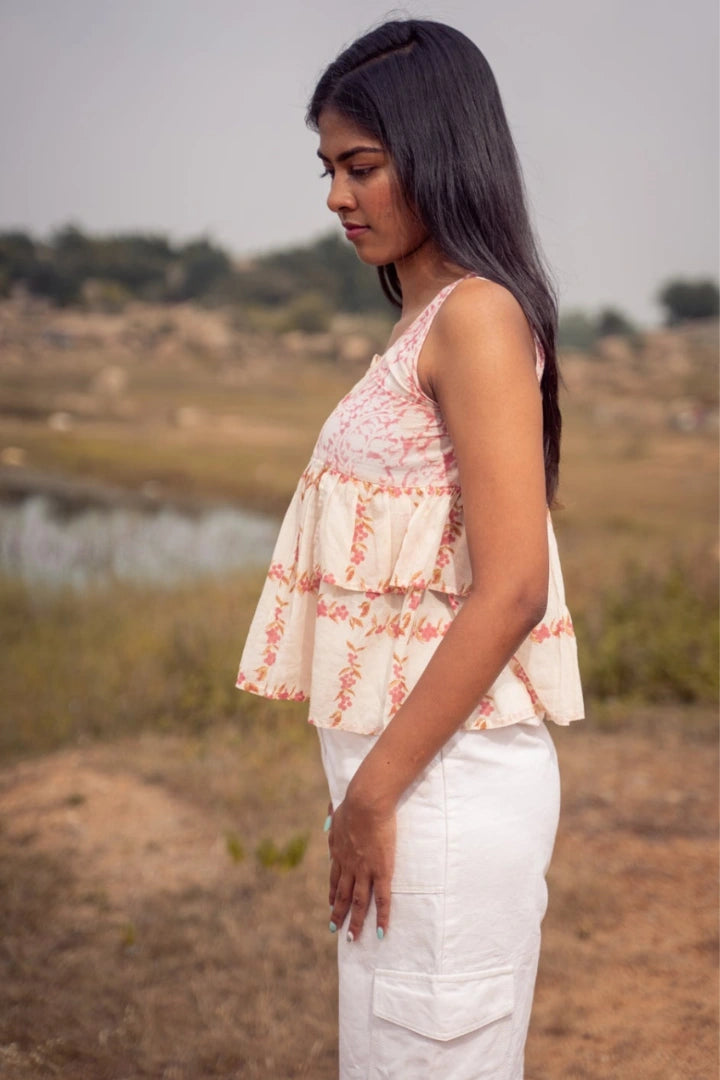 Ilamra kalamkari craft hand block printed organic cotton Blush pink, off-white and hints of madder red top