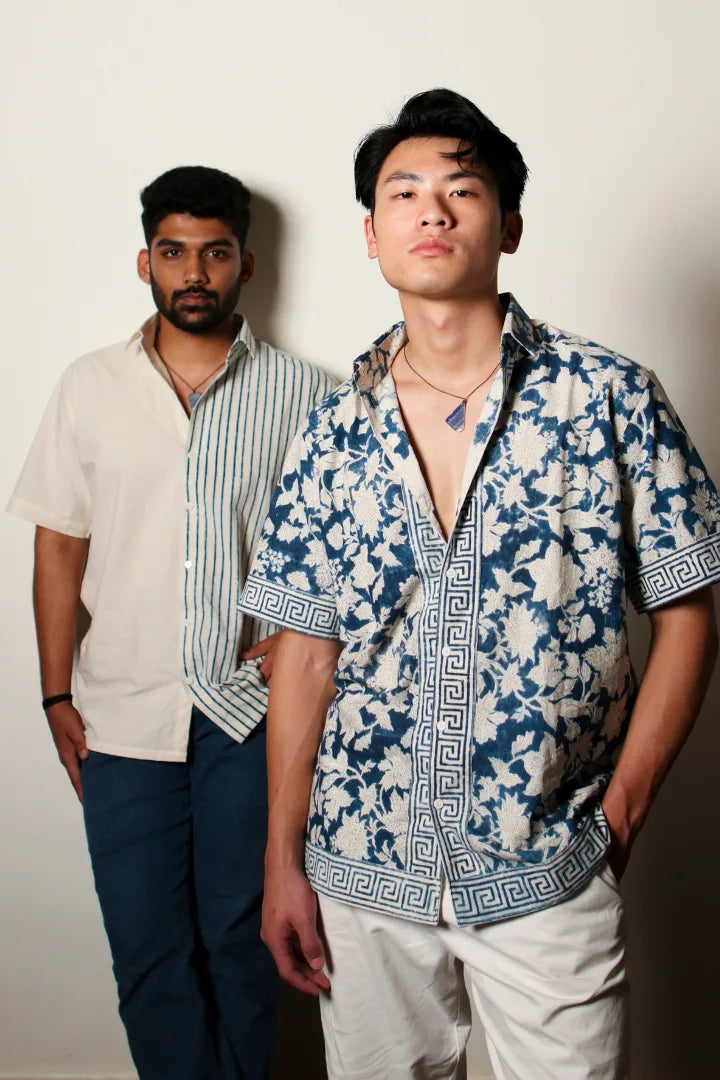 ilamra men's hand block printed naturally dyed organic cotton indigo and white shirt