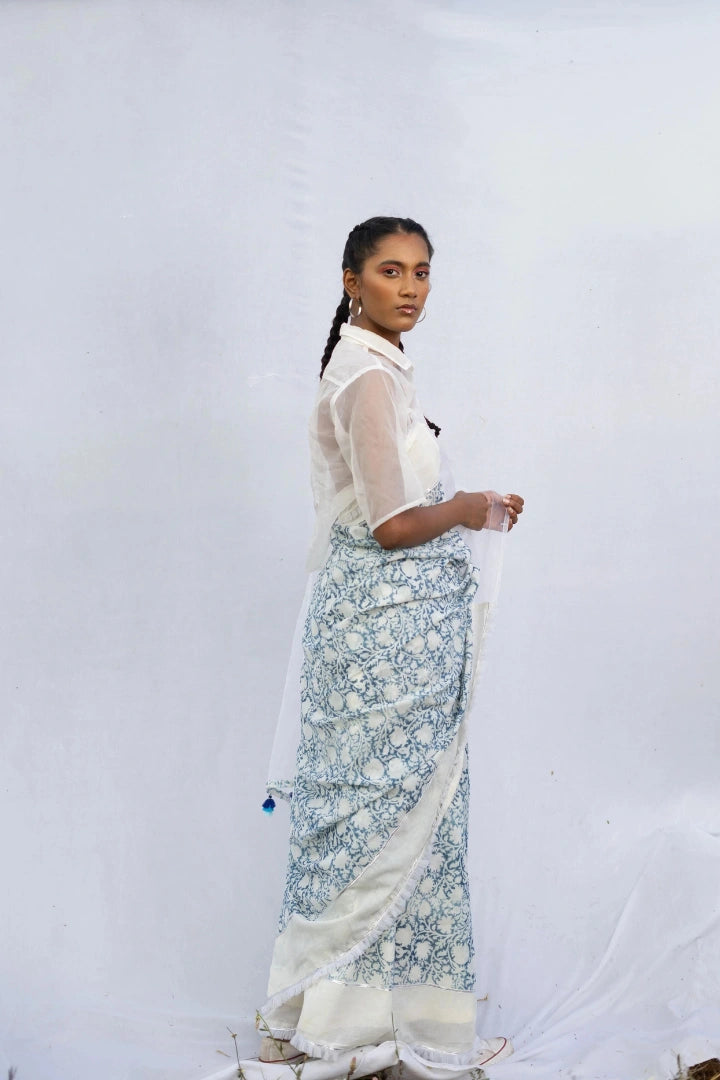 Ilamra kalamkari craft hand block printed organic cotton Indigo dye and white organza saree