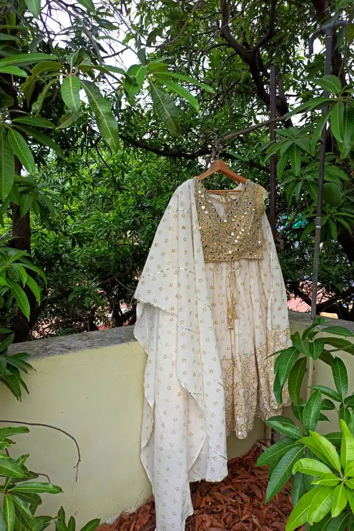 Ilamra sustainable clothing organic cotton Off-white, Warm yellow hand block printed blouse, dupatta and lehenga set