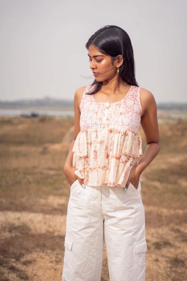 Ilamra kalamkari craft hand block printed organic cotton Blush pink, off-white and hints of madder red top