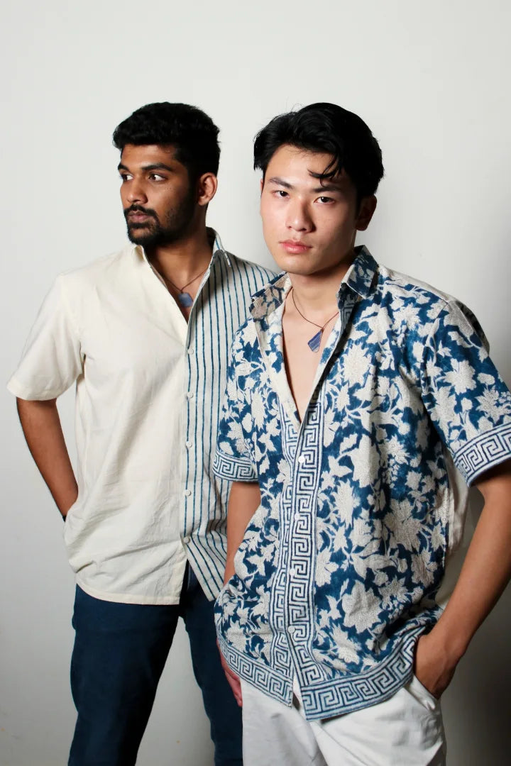 ilamra men's hand block printed naturally dyed organic cotton indigo and white shirt