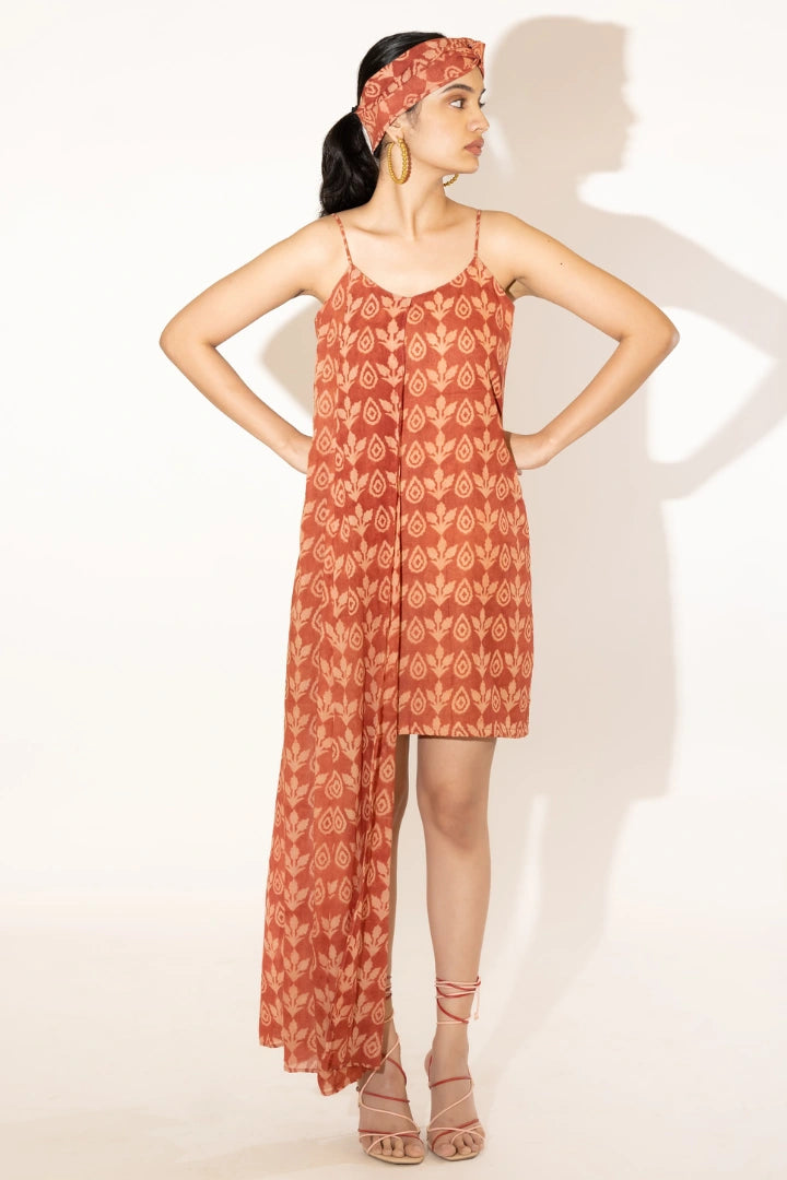 Ilamra hand block printed organic cotton naturally dyed Madder red and beige hybrid dress