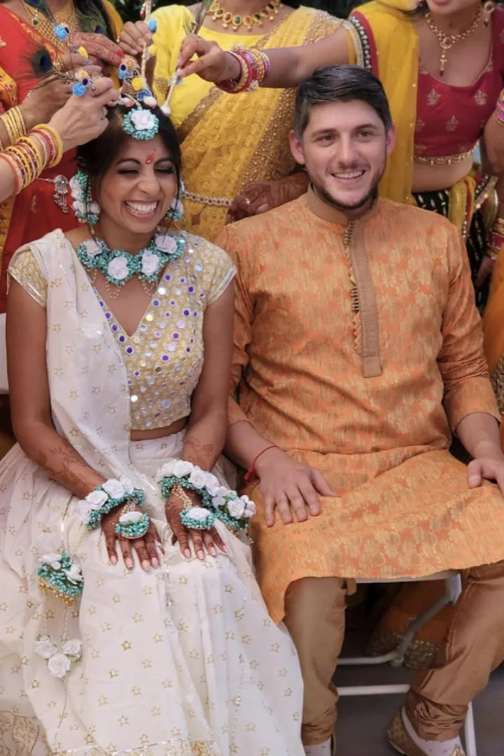 Ilamra sustainable clothing organic cotton Off-white, Warm yellow hand block printed blouse, dupatta and lehenga set