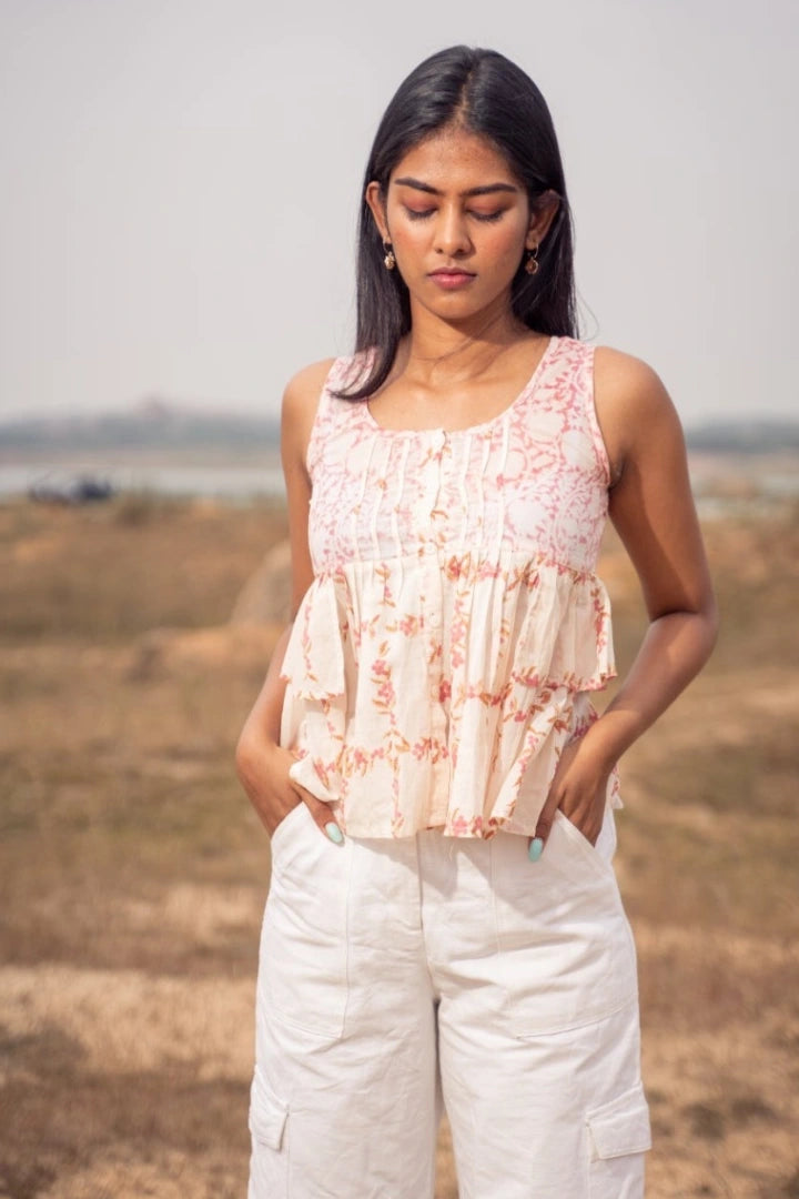 Ilamra kalamkari craft hand block printed organic cotton Blush pink, off-white and hints of madder red top