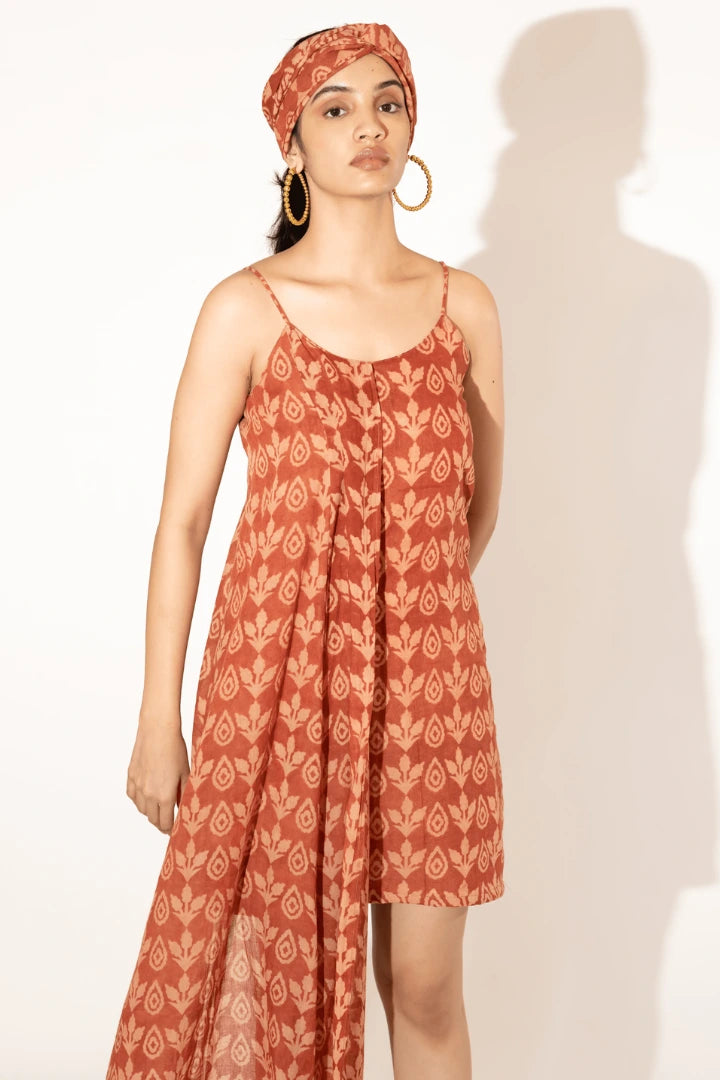 Ilamra hand block printed organic cotton naturally dyed Madder red and beige hybrid dress