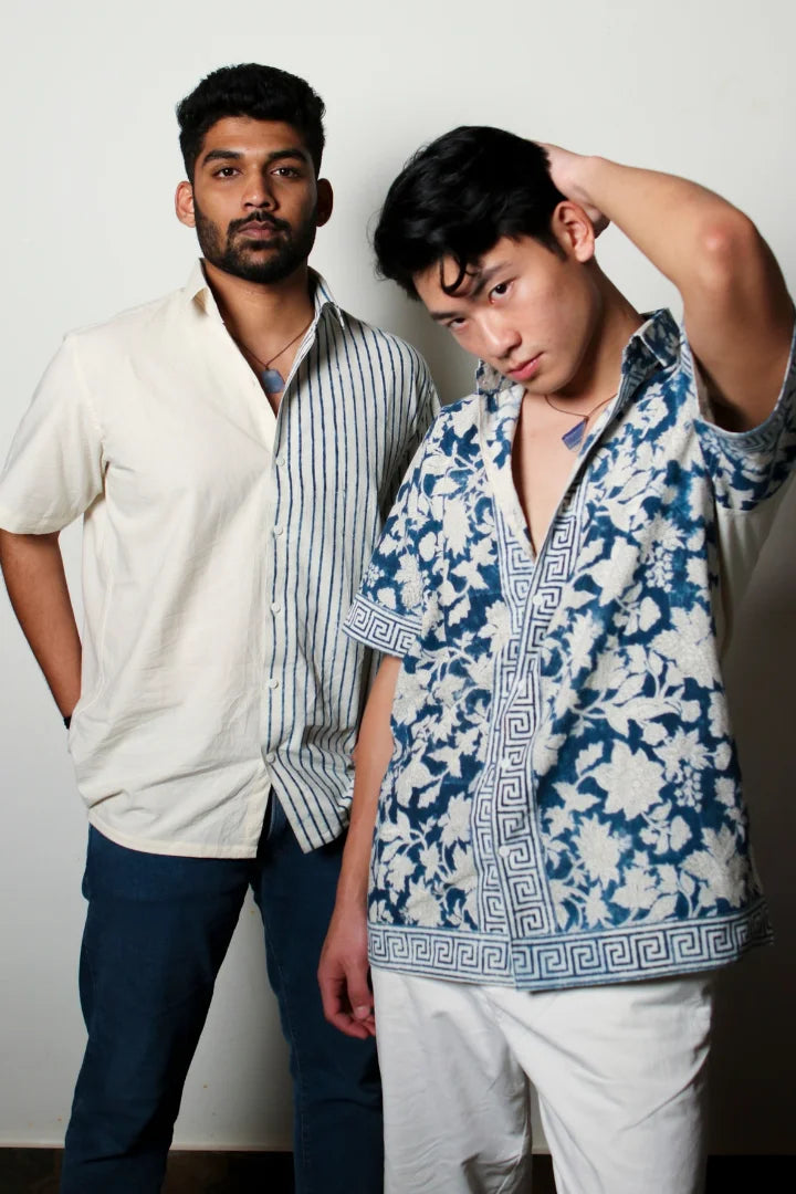 ilamra men's hand block printed naturally dyed organic cotton indigo and white shirt