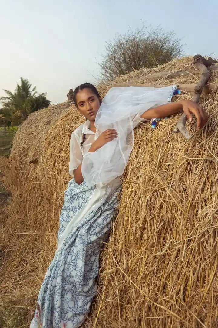 Ilamra kalamkari craft hand block printed organic cotton Indigo dye and white organza saree