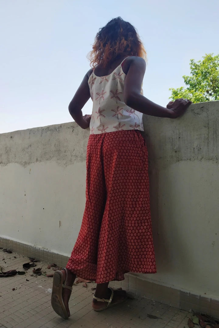 Ilamra kalamkari craft hand block printed organic cotton Madder Red and Beige cool and sexy culottes