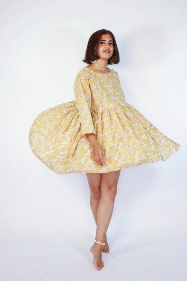 Ilamra sustainable clothing organic cotton Mustard Yellow, off-white, blush pink and hints of green hand block printed tent dress