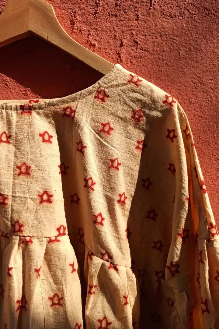 Ilamra sustainable clothing organic cotton beige and red hand block printed tent top