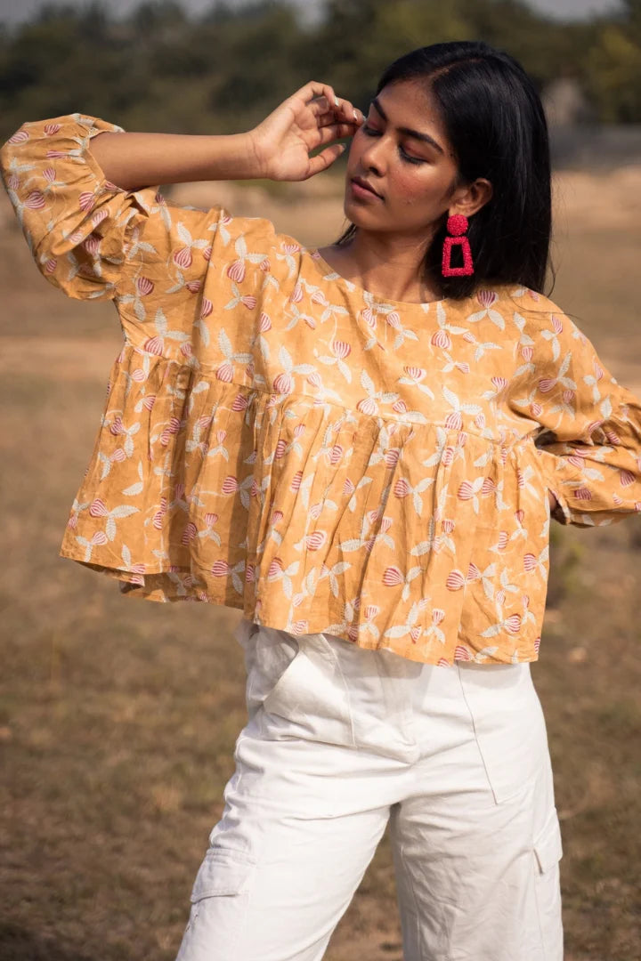 Ilamra kalamkari craft hand block printed organic cotton Mustard yellow, madder red and hints of green tent top