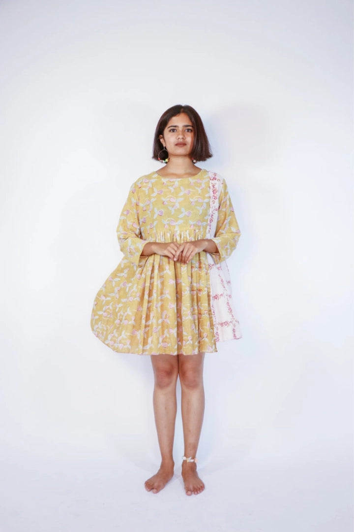 Ilamra sustainable clothing organic cotton Mustard Yellow, off-white, blush pink and hints of green hand block printed tent dress
