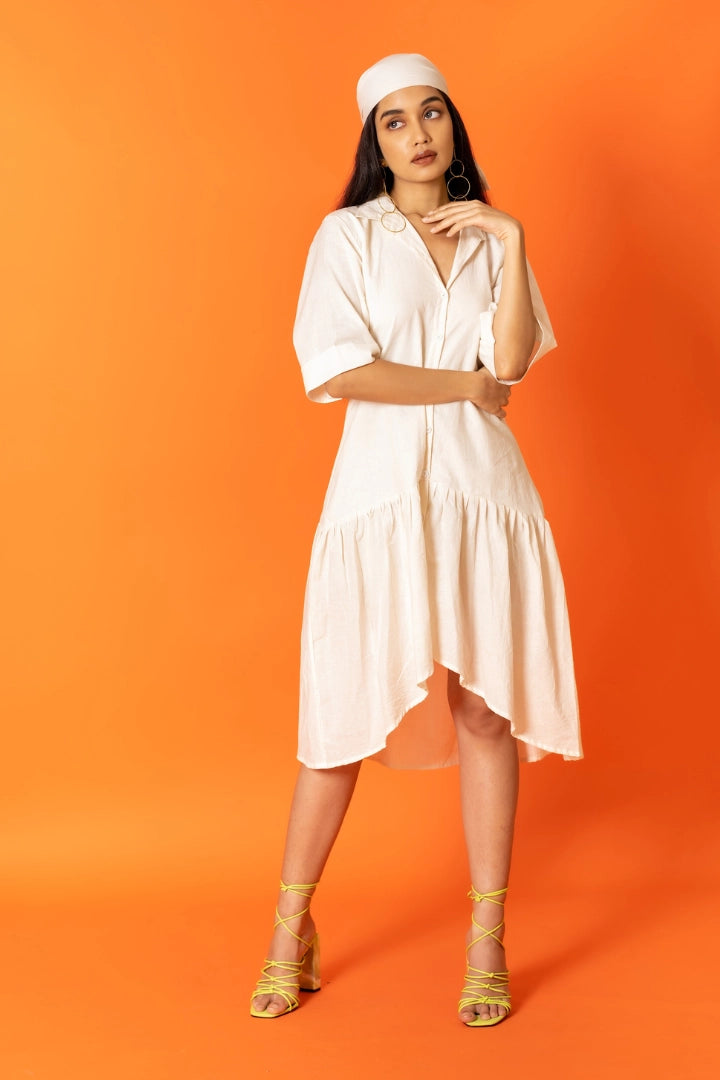 ilamra printed naturally dyed organic cotton off-white asymmetrical dress