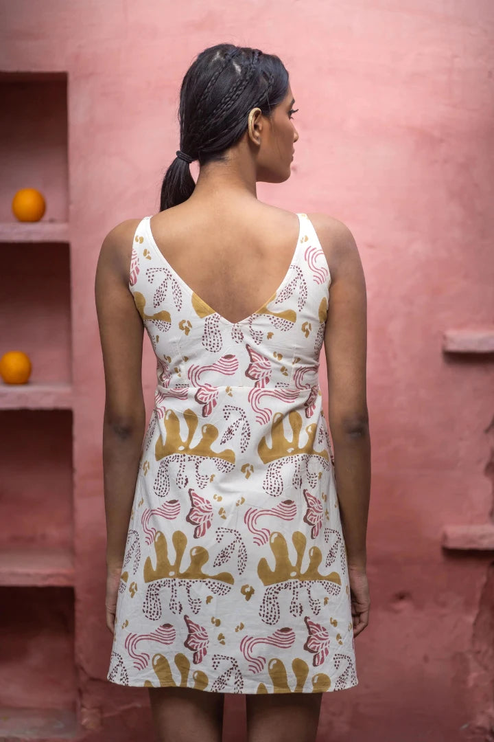 Ilamra sustainable clothing organic cotton off-white and yellow with hints of pink and brown hand block printed dress