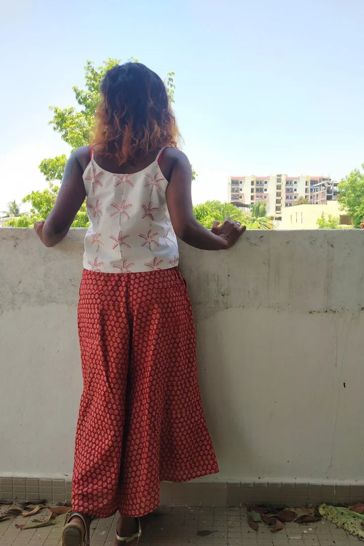 Ilamra kalamkari craft hand block printed organic cotton Madder Red and Beige cool and sexy culottes
