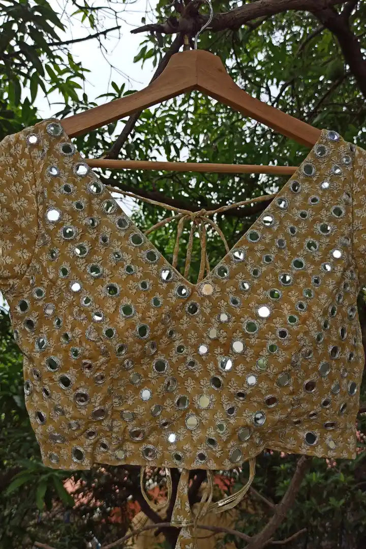 Ilamra sustainable clothing organic cotton Off-white, Warm yellow hand block printed blouse, dupatta and lehenga set