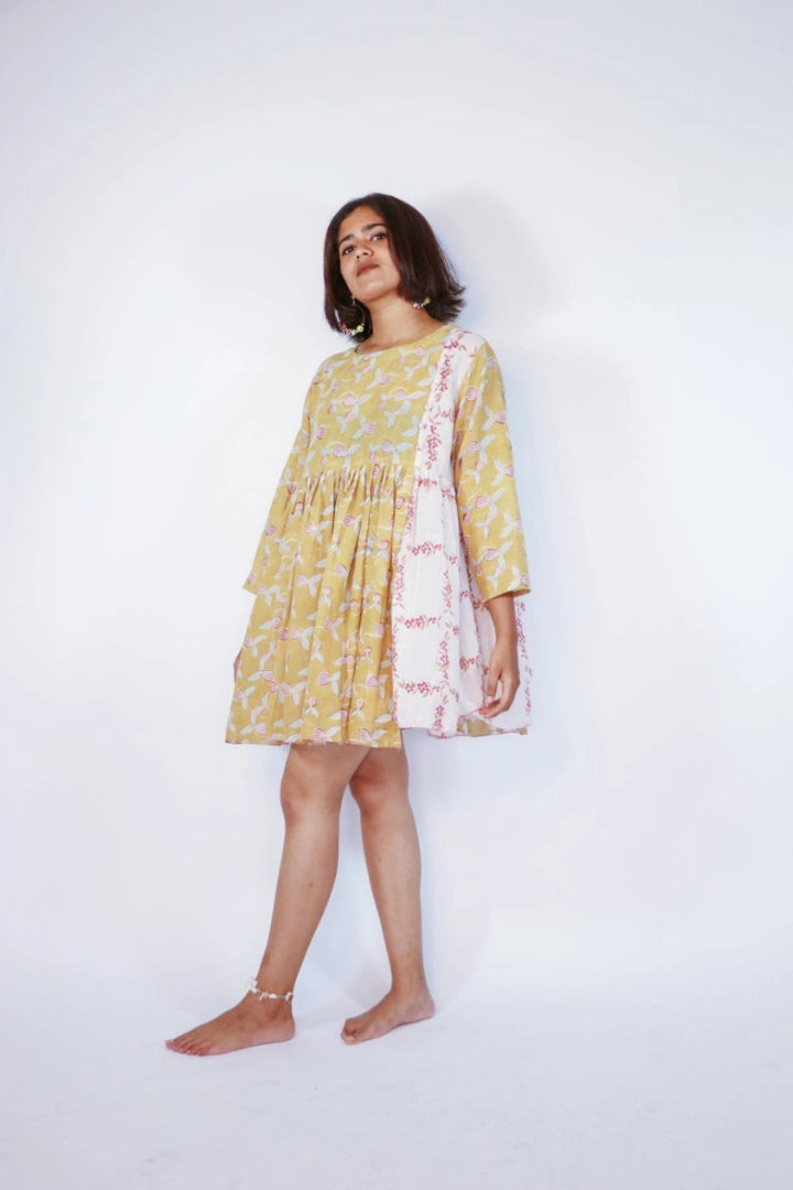 Ilamra sustainable clothing organic cotton Mustard Yellow, off-white, blush pink and hints of green hand block printed tent dress