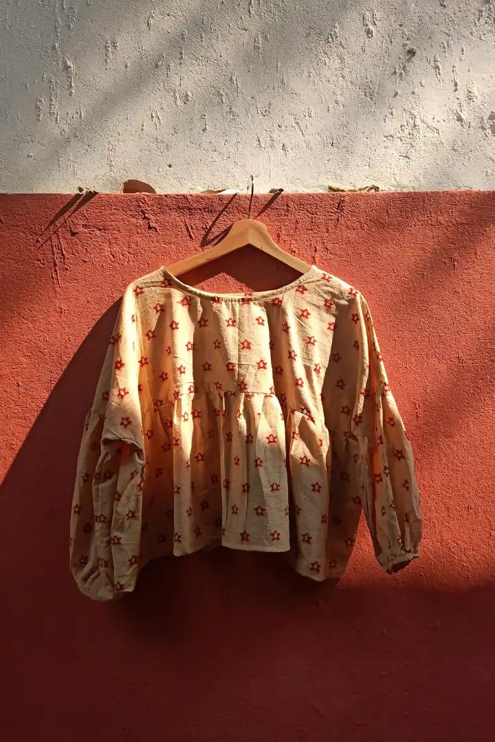 Ilamra sustainable clothing organic cotton beige and red hand block printed tent top