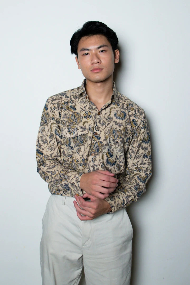 ilamra men's hand block printed naturally dyed organic cotton indigo, yellow and brown shirt