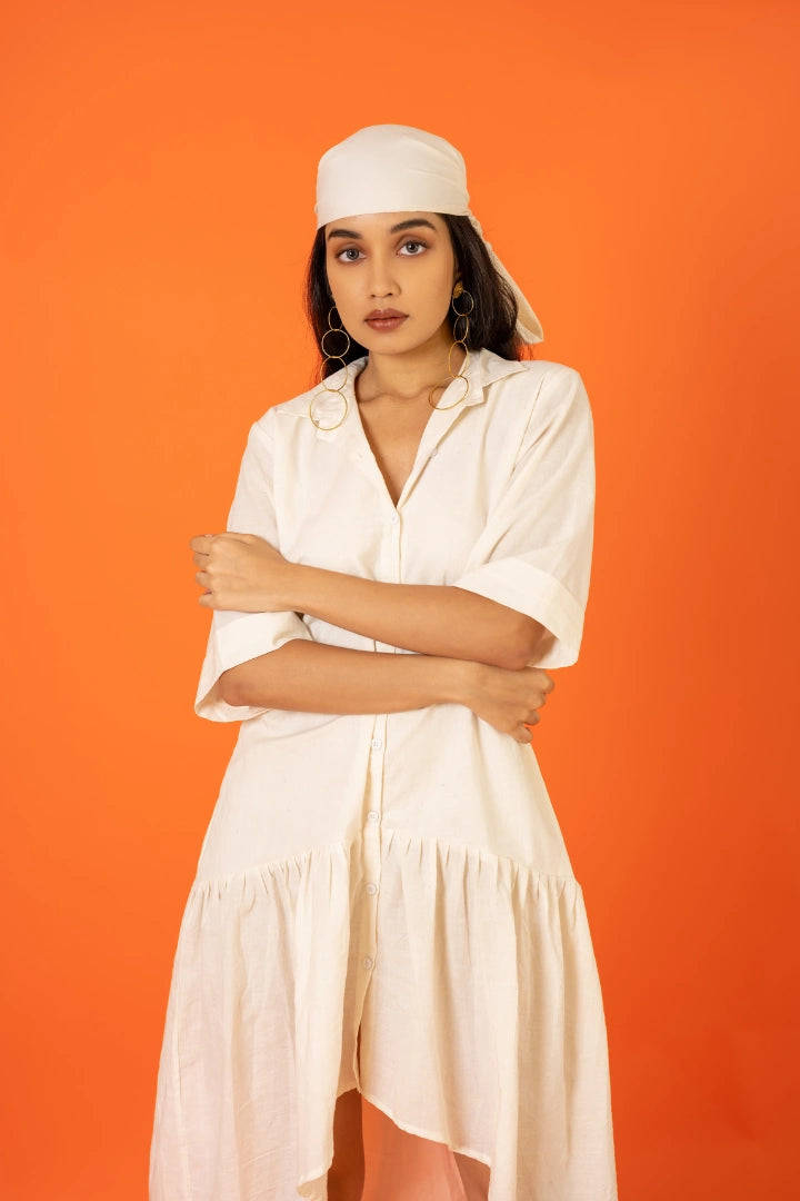 ilamra printed naturally dyed organic cotton off-white asymmetrical dress