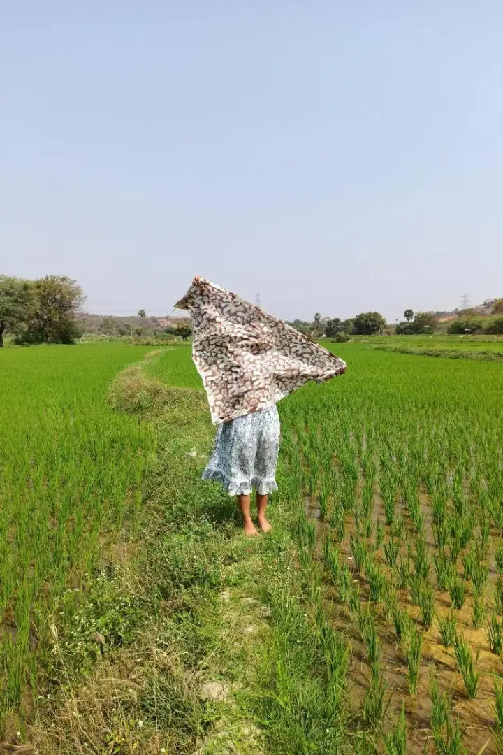 Ilamra hand block printed Kalamkari art organic cotton naturally dyed in Off white and brown, cool, upcycled cotton scarf
