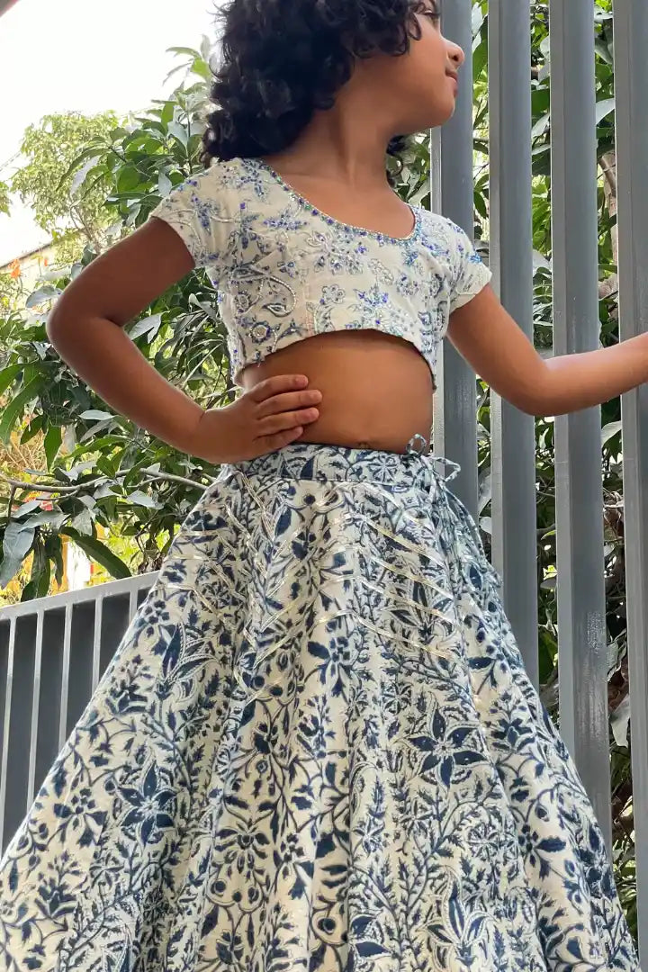 Ilamra kalamkari sustainable clothing organic cotton off-white and indigo hand block printed blouse and lehenga set