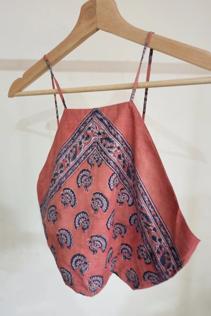 Ilamra sustainable clothing organic cotton Pink and Indigo hand block printed cool halter top
