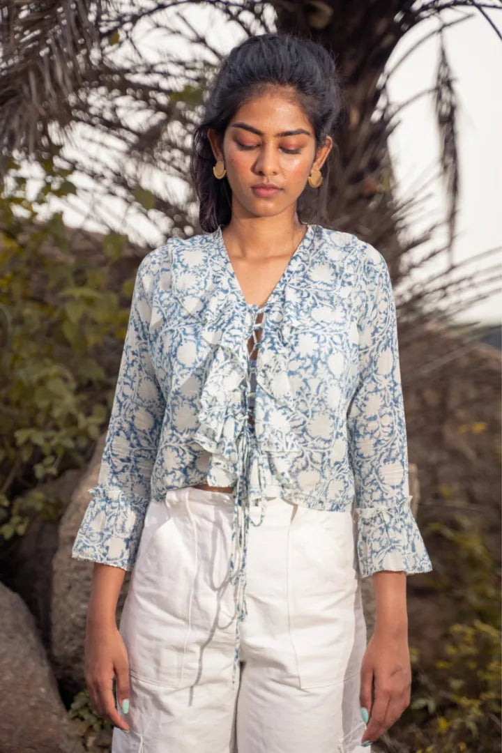 Ilamra sustainable clothing organic cotton Off-White and Indigo hand block printed sexy ruffle top