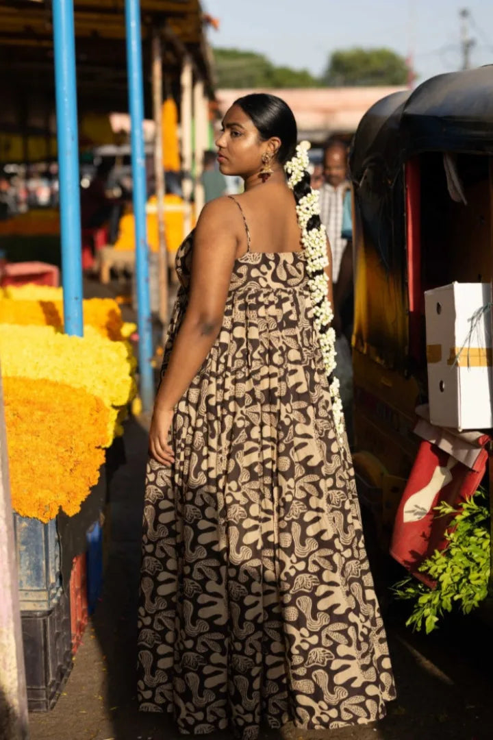 Ilamra hand block printed sustainably made naturally dyed black and beige flowy dress