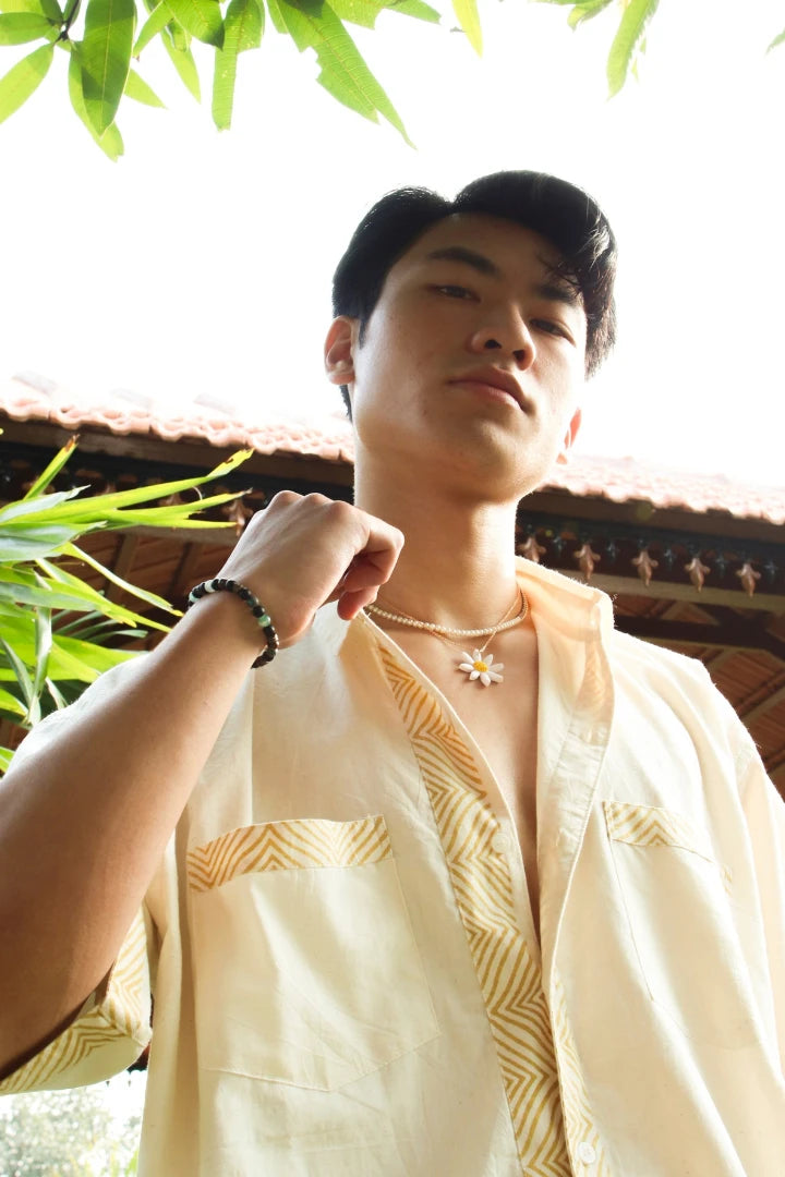 ilamra men's hand block printed naturally dyed organic cotton off-white and yellow shirt