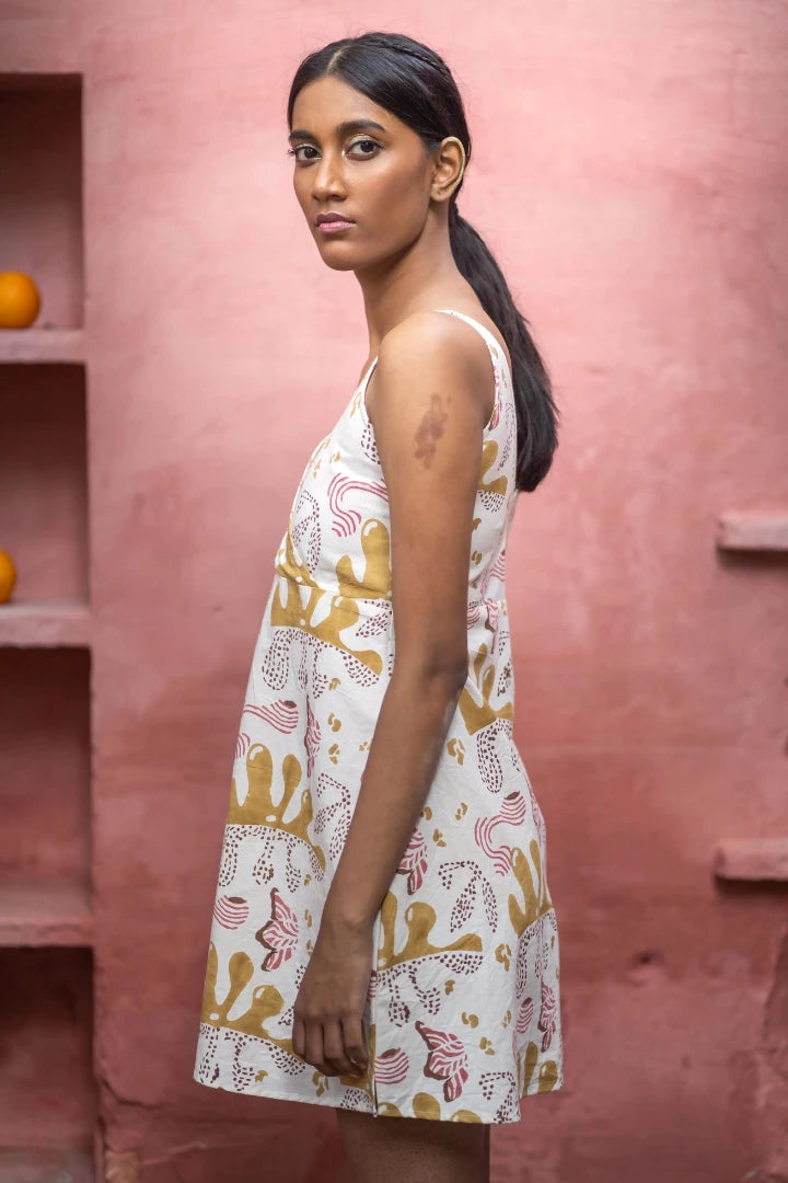 Ilamra sustainable clothing organic cotton off-white and yellow with hints of pink and brown hand block printed dress